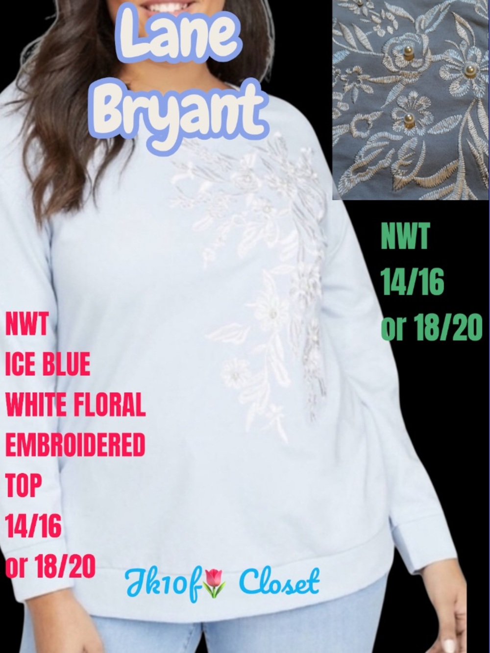 LOWEST🌺 NWTLane Bryant Ice Blue Pullover Sweatshirt w/ White Floral Embroidery